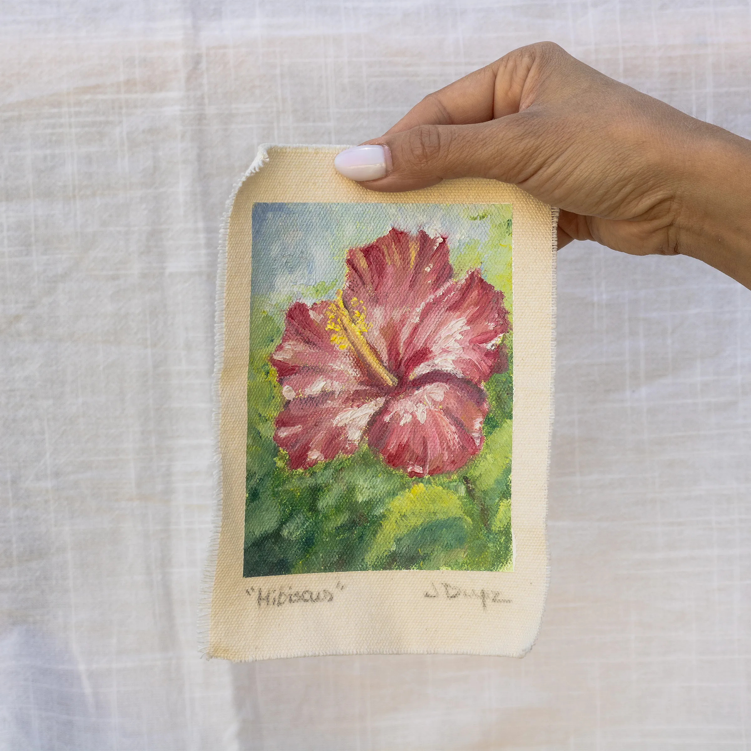 Hibiscus, Oil on cotton canvas, unstretched, 13 × 18 cm, photograph 2
