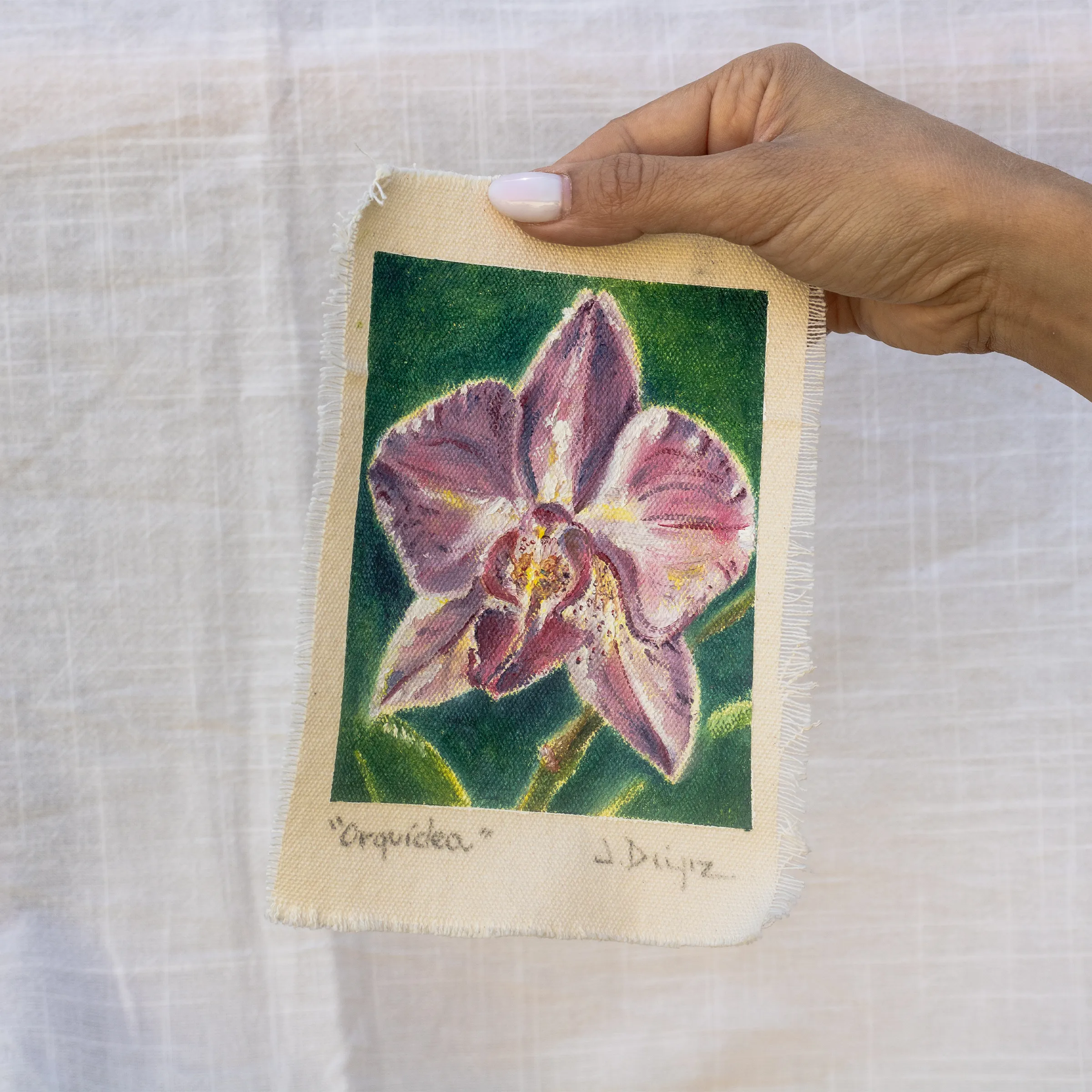 Orquídea, Óleo sobre tela de algodón, sin bastidor, 13 × 18 cm, fotografía 2