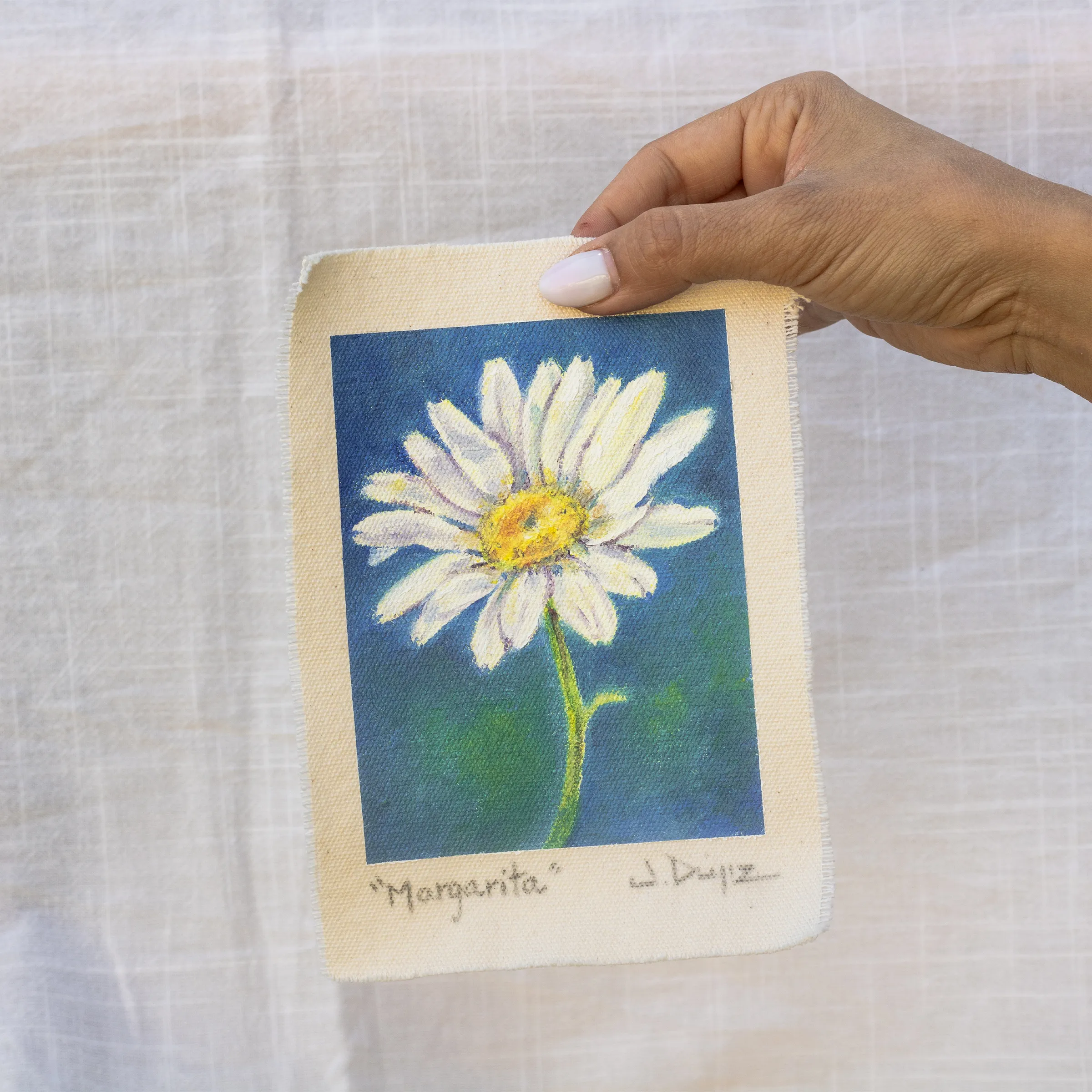 Daisy, Oil on cotton canvas, unstretched, 13 × 18 cm, photograph 2