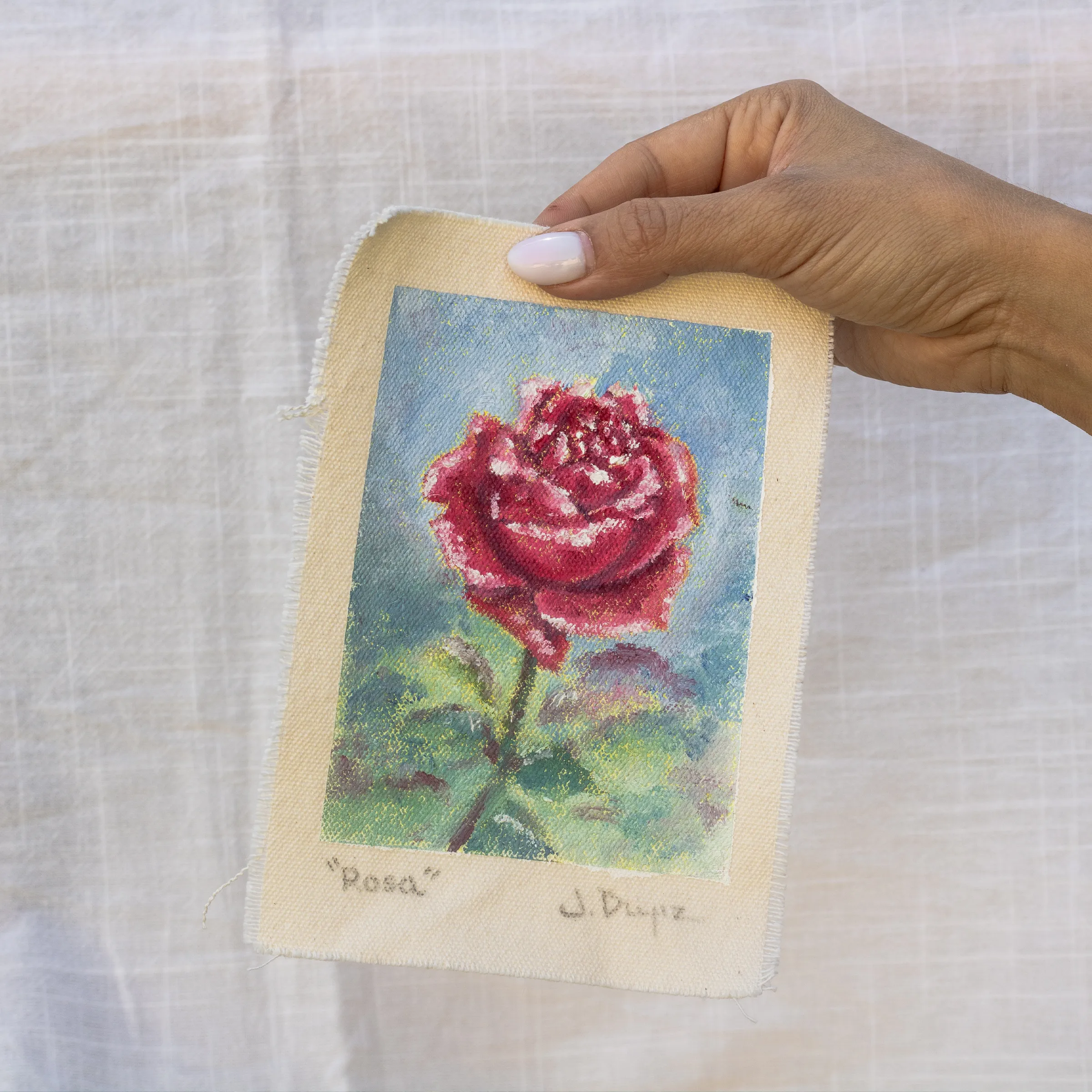Rose, Oil on cotton canvas, unstretched, 13 × 18 cm, photograph 2