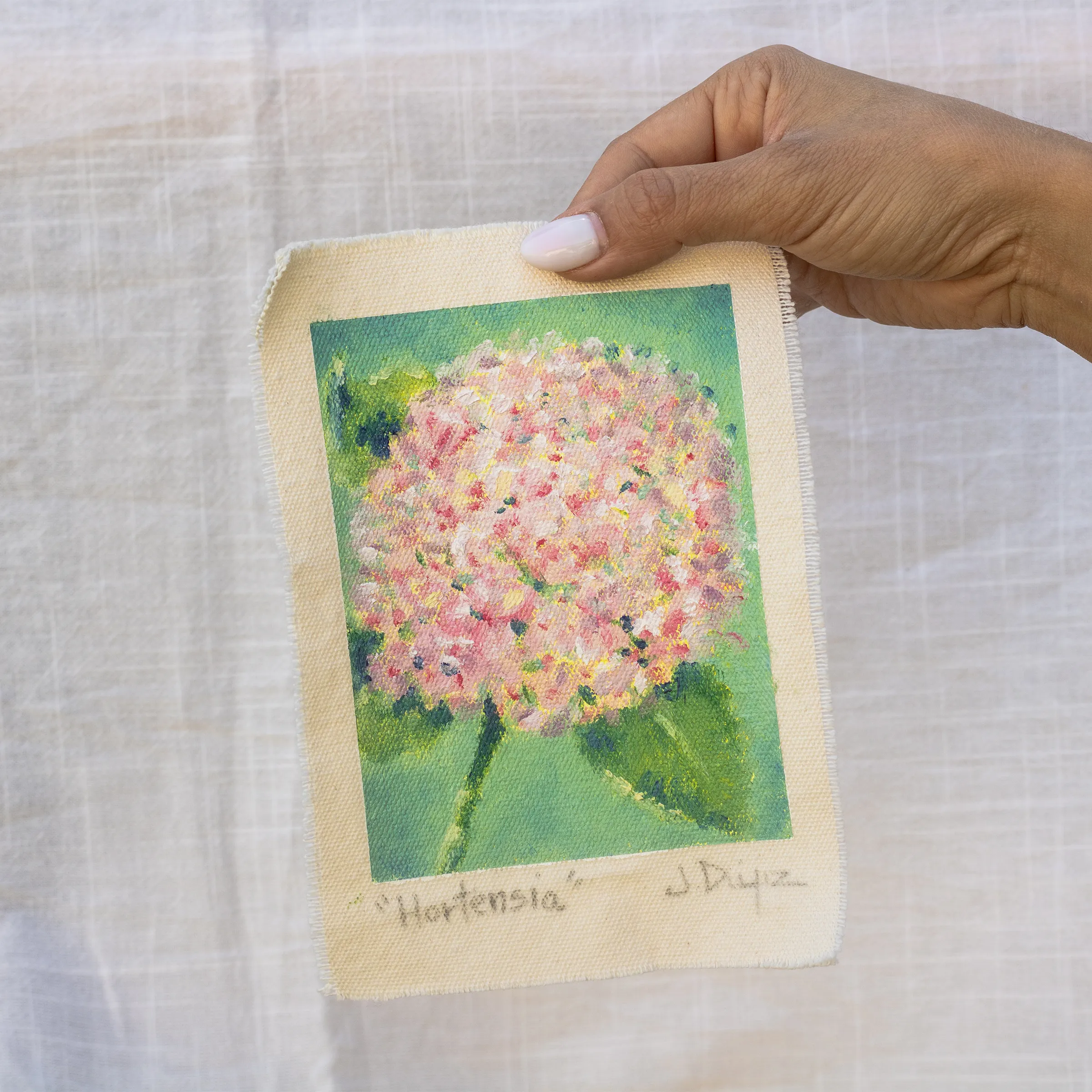 Hydrangea, Oil on cotton canvas, unstretched, 13 × 18 cm, photograph 2