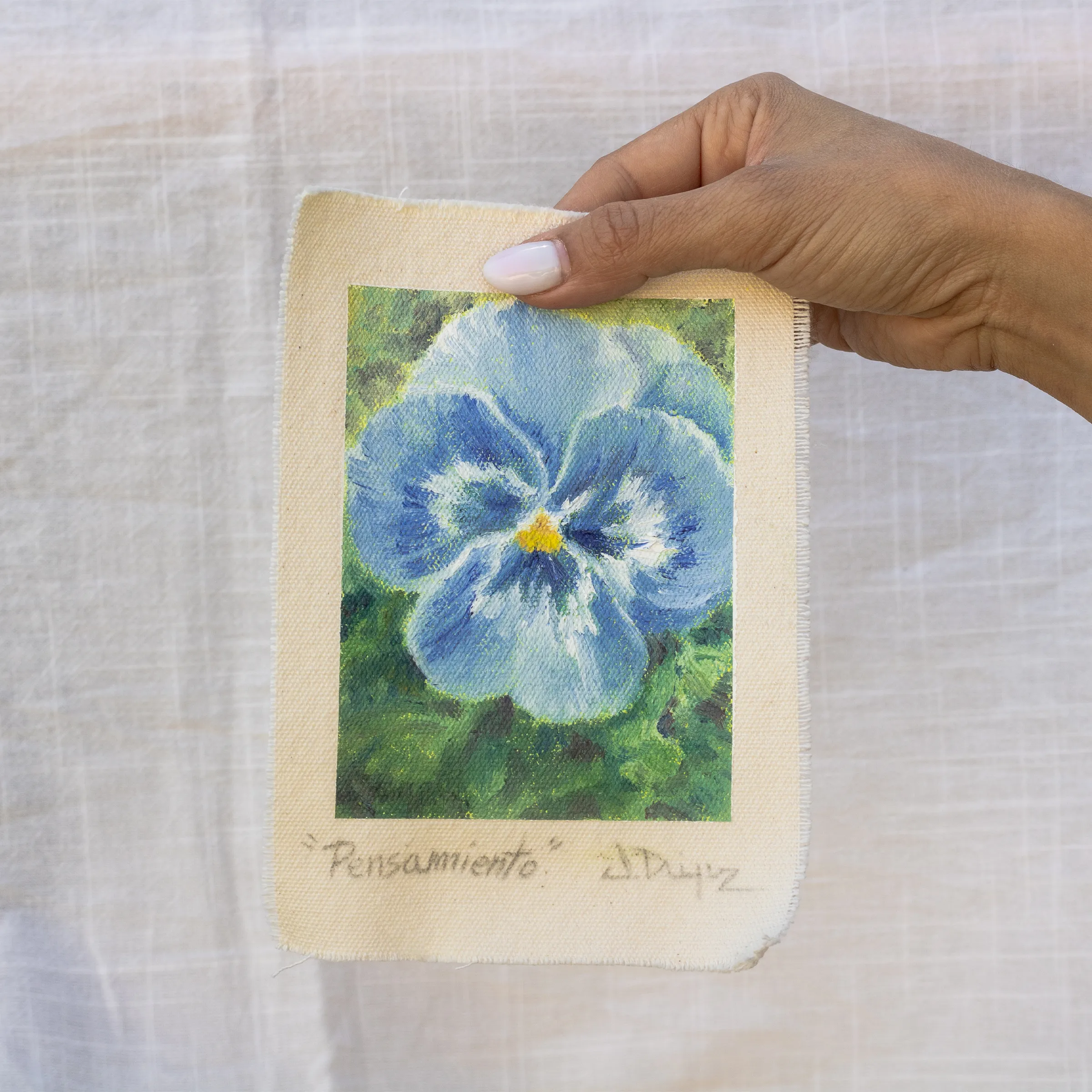 Pensamiento, Óleo sobre tela de algodón, sin bastidor, 13 × 18 cm, fotografía 2