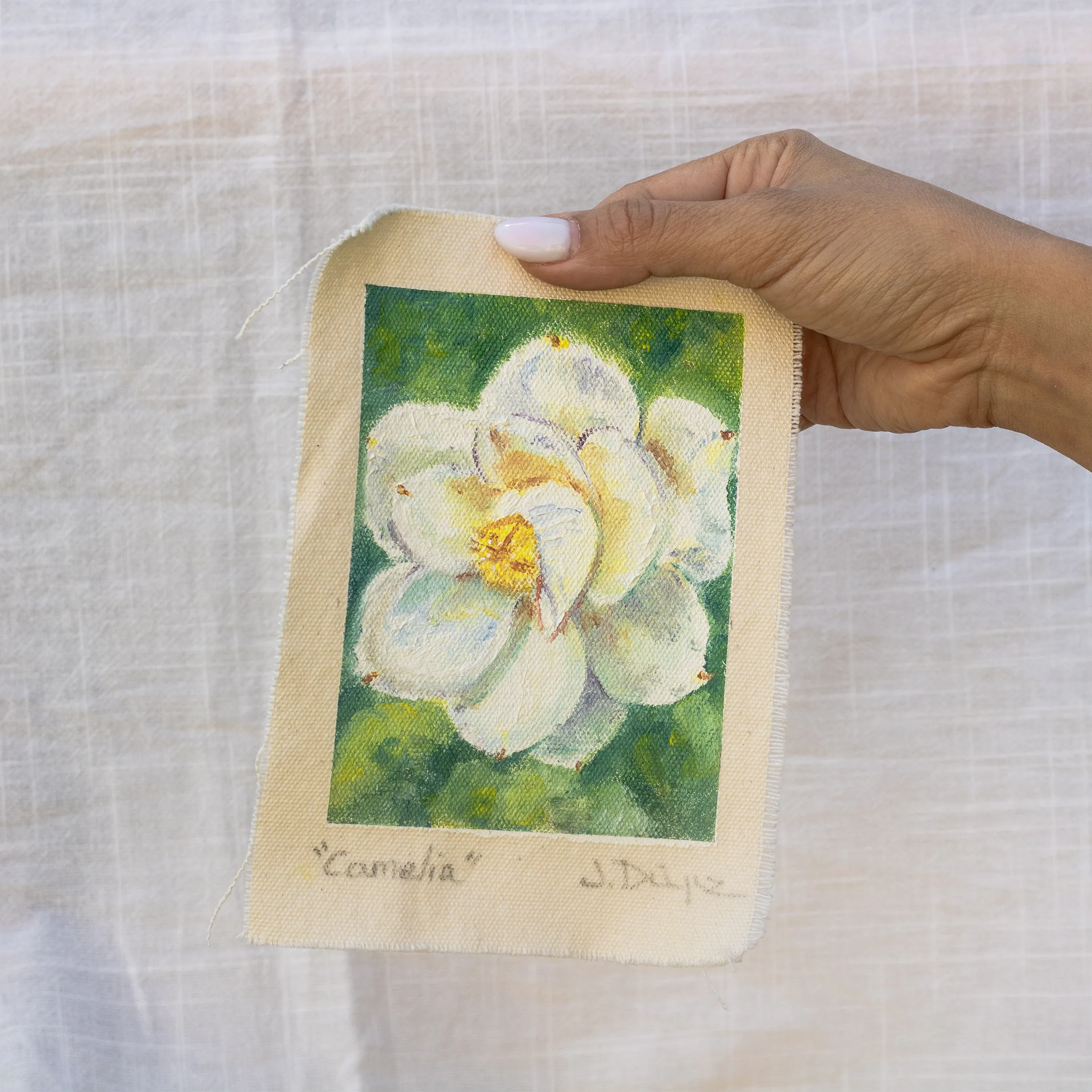 Camelia, Óleo sobre tela de algodón, sin bastidor, 13 × 18 cm, fotografía 2