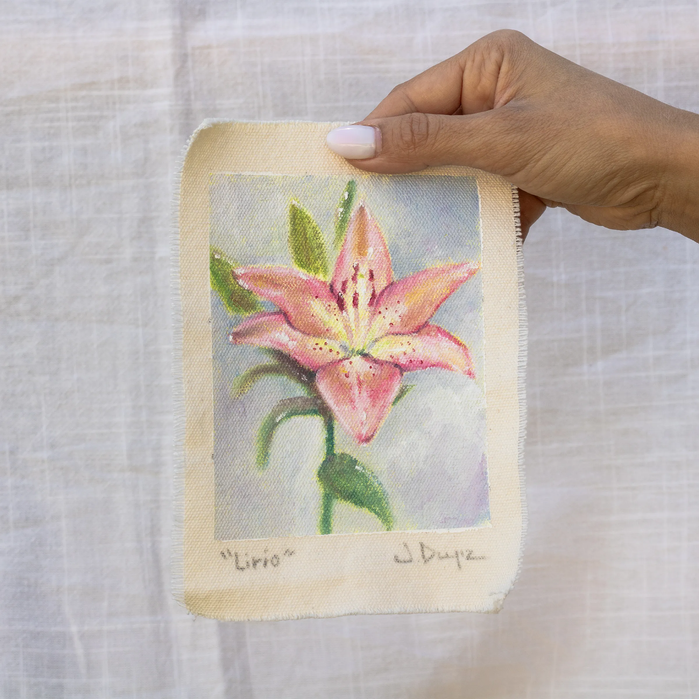 Lily, Oil on cotton canvas, unstretched, 13 × 18 cm, photograph 2