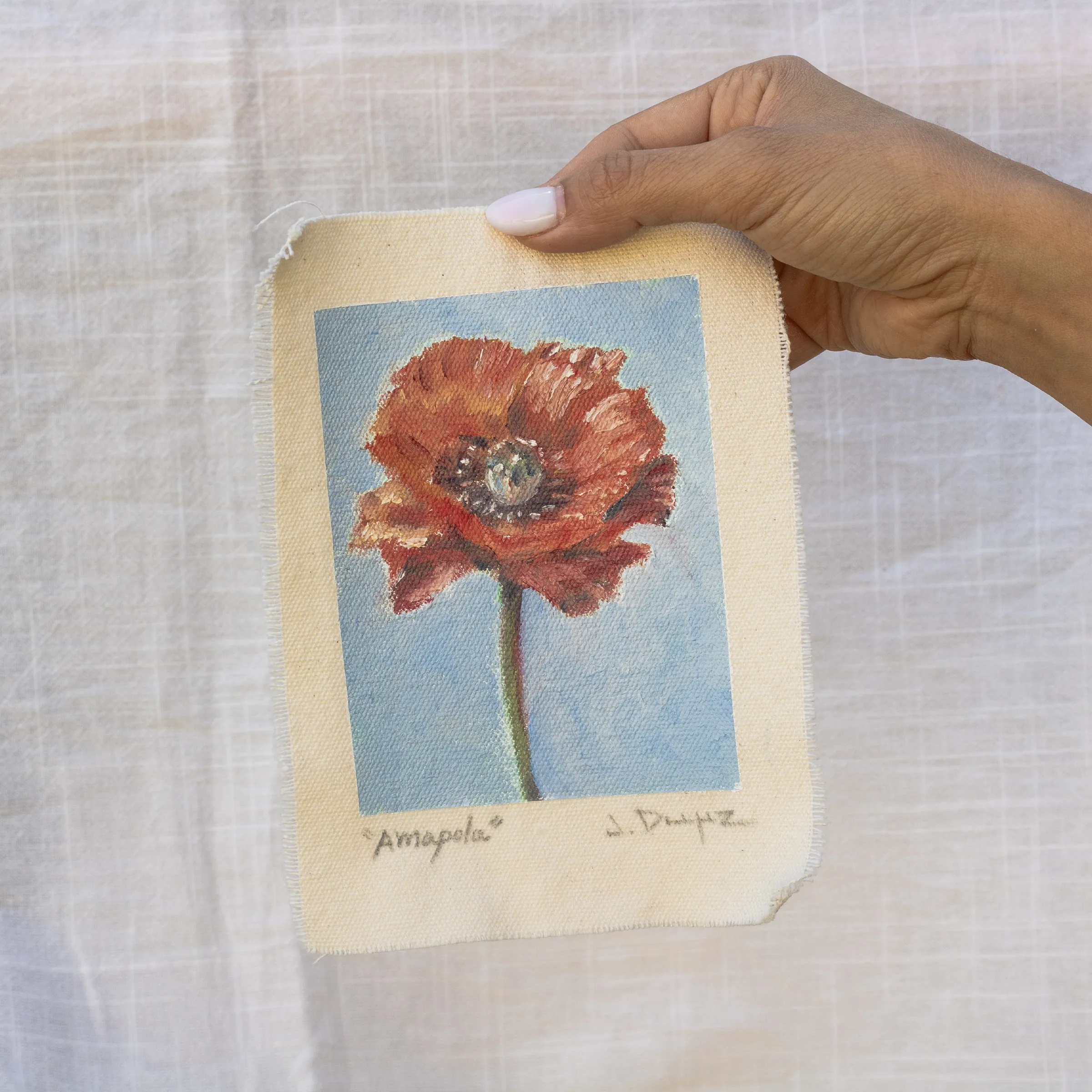 Poppy, Oil on cotton canvas, unstretched, 13 × 18 cm, photograph 2