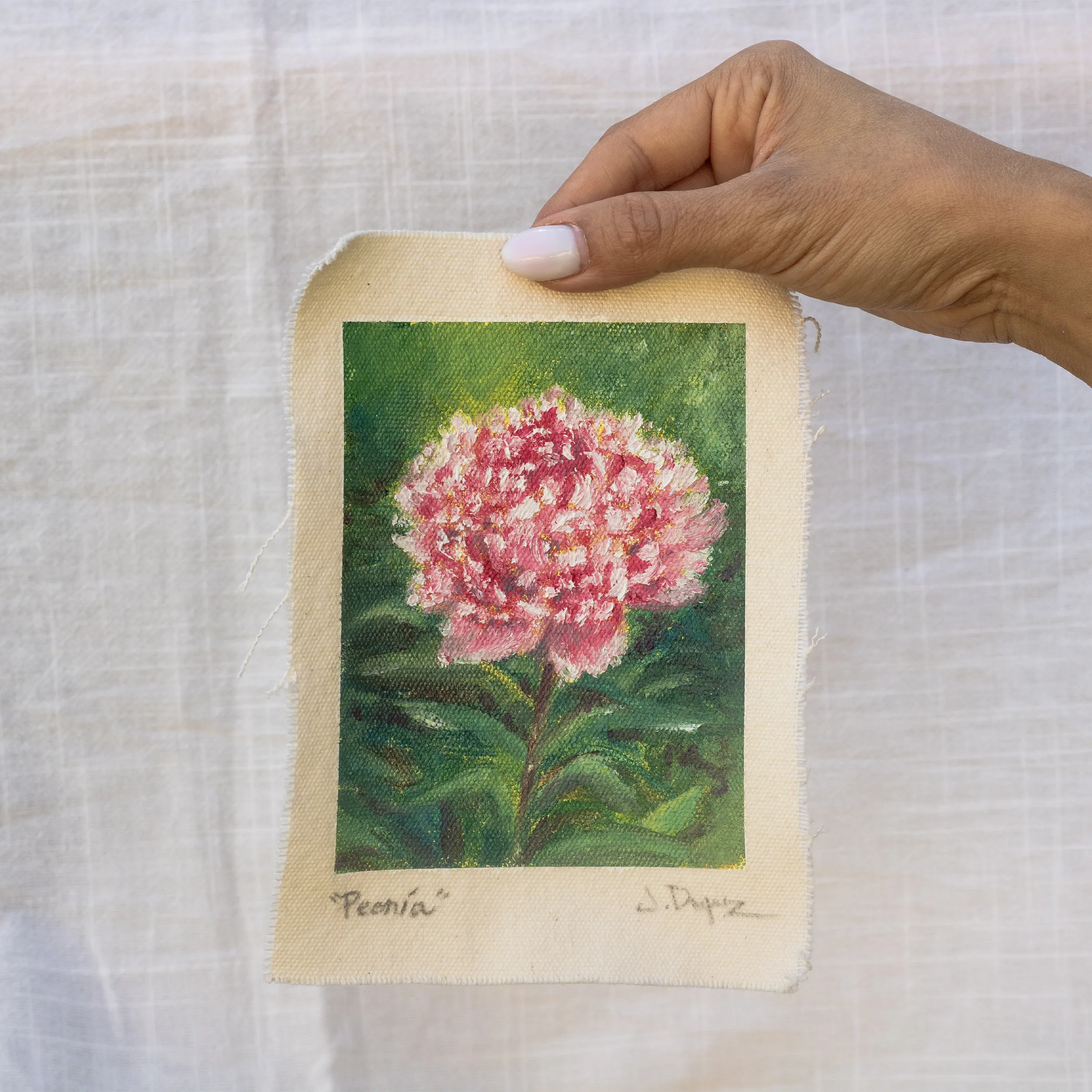 Peony, Oil on cotton canvas, unstretched, 13 × 18 cm, photograph 2