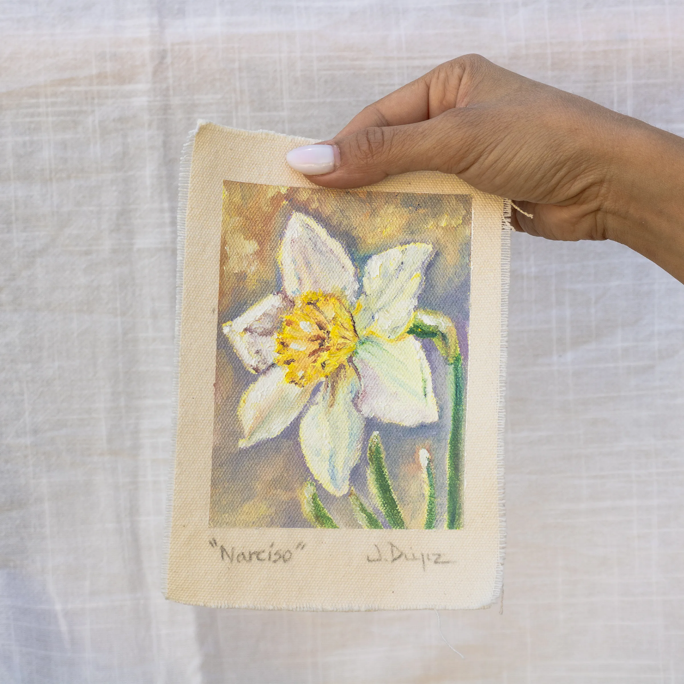 Daffodil, Oil on cotton canvas, unstretched, 13 × 18 cm, photograph 2