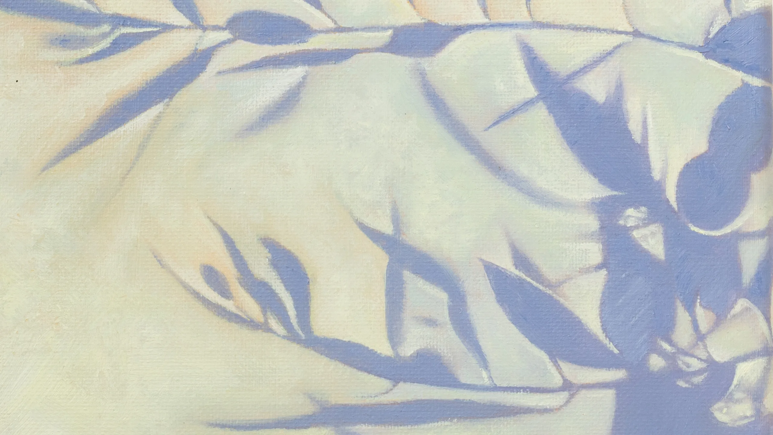Detalle en óleo de siluetas botánicas en azul lila sobre fondo crema, obra de Jéssica Domínguez