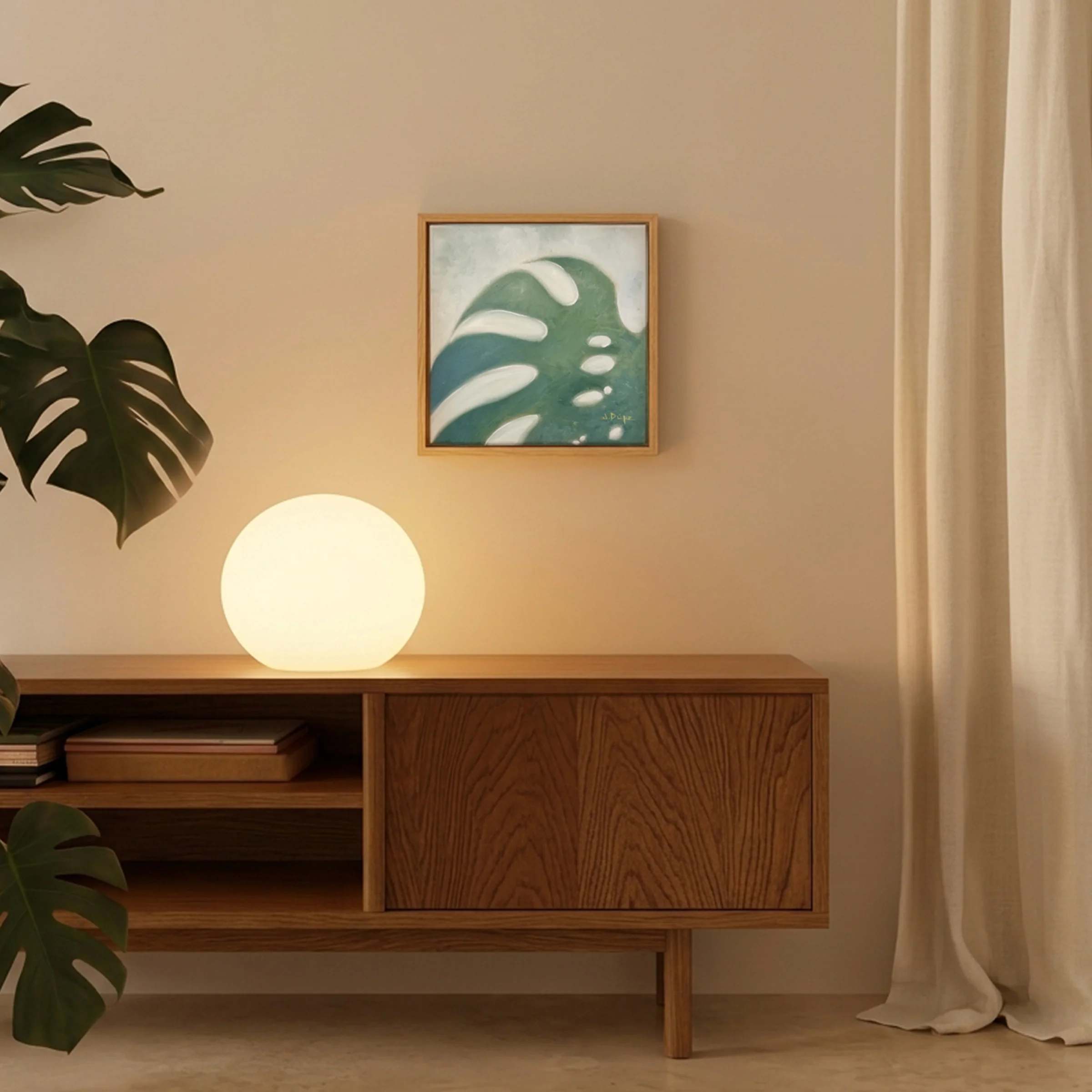 Artwork by Jéssica Domínguez hanging above a wooden sideboard in a warmly lit living room